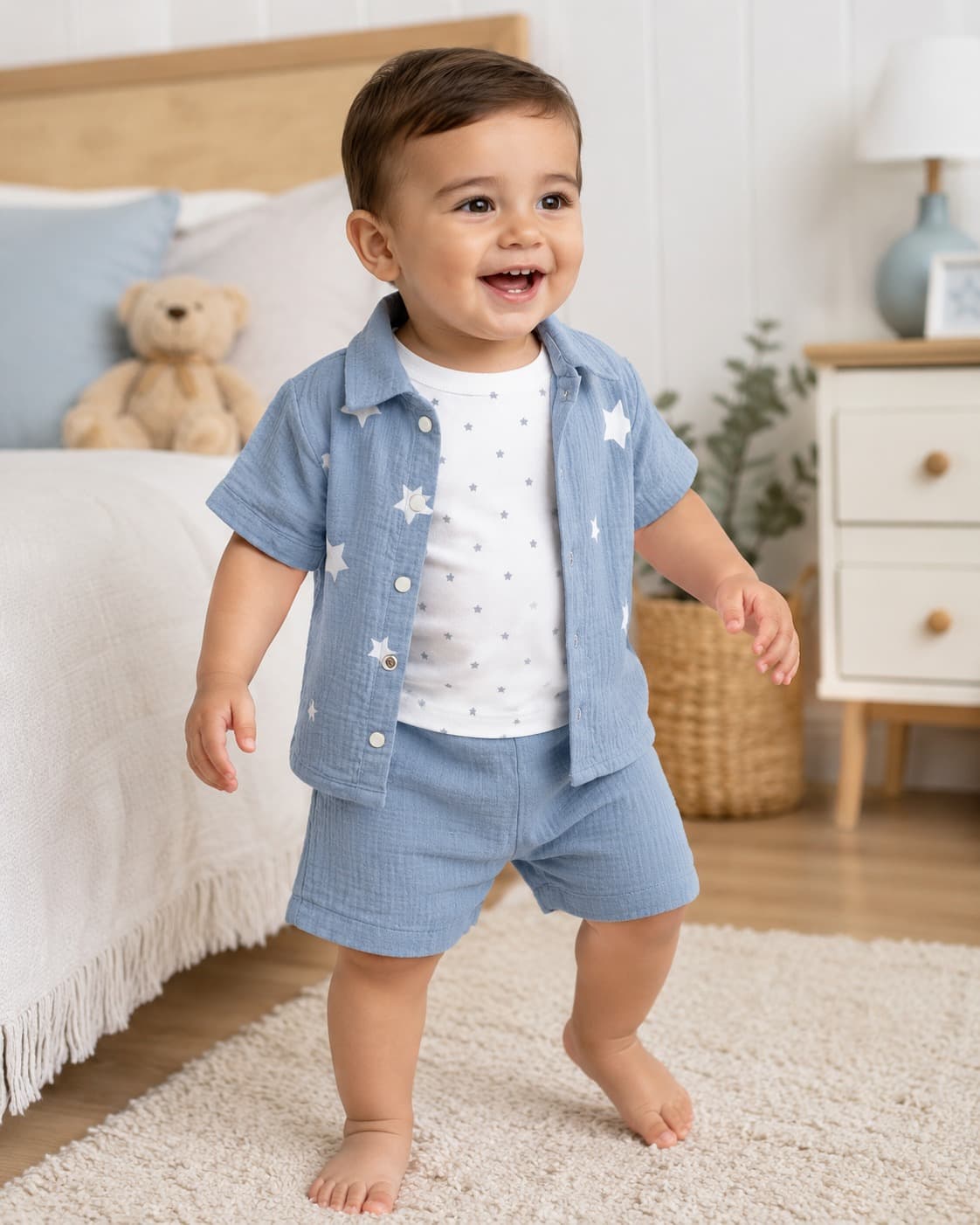 Ensemble 3 pièces de bébé garçon : chemise à manches courtes, t-shirt à pois et short en gaze de coton